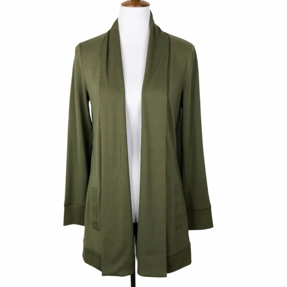 Denim & Co Open Front Long Cardigan Top Green Sz. XS